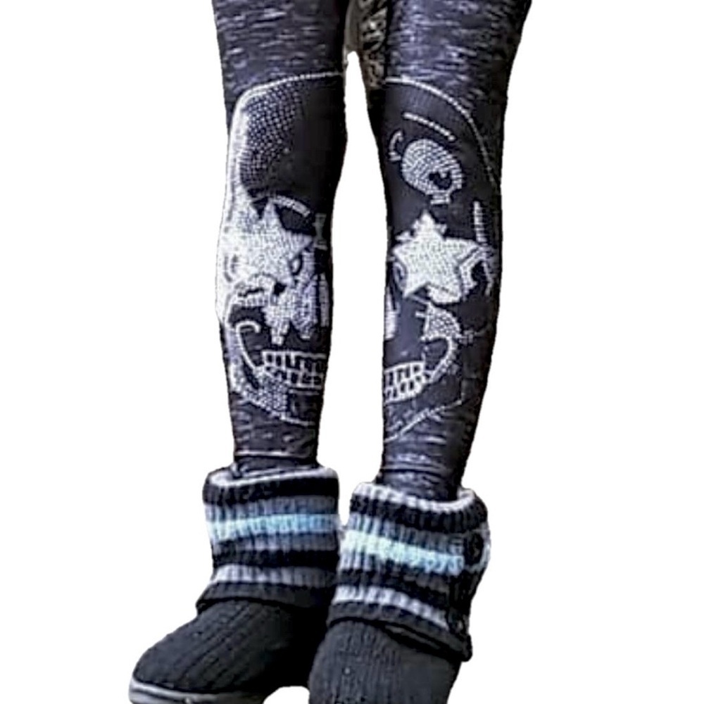 Terez Starry Eyed Skull Leggings Black Heathered Gothic Punk Rock XL (Fits XS/S) - Picture 10 of 13